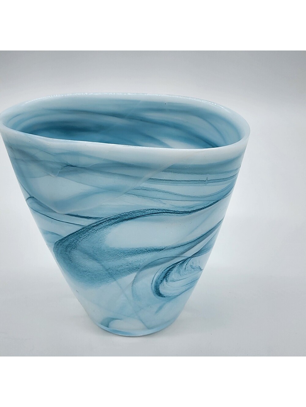 Large Hand-Blown Blue White Swirl Art Glass Vase Marbled Modern 9”